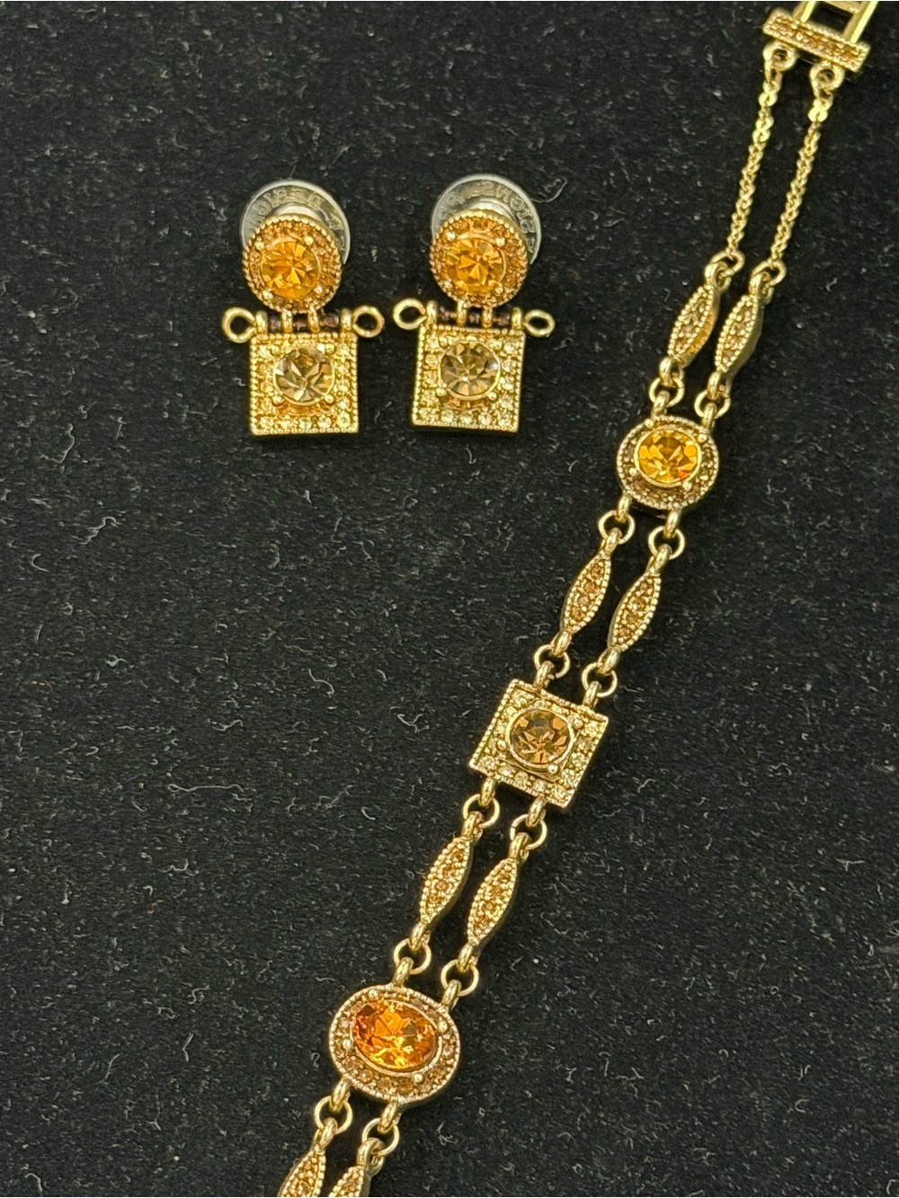 Premier Designs Honey Amber‎ Crystal Bracelet and Earrings Vintage Set